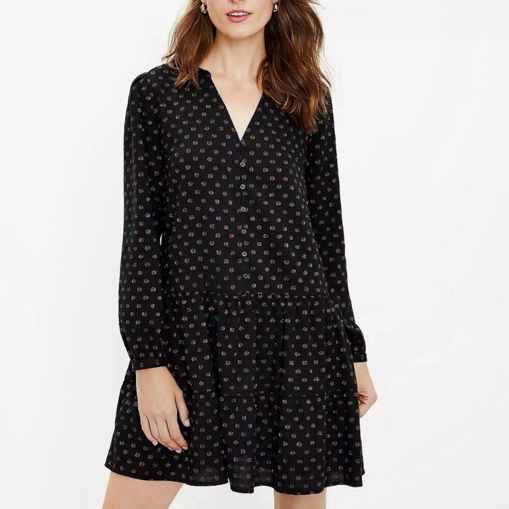 LOFT Black with Multicolor Metallic Dots Swing Button Down Dress Size XSP